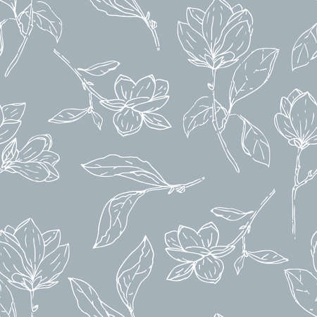 Vector Beautiful Delicate Magnolia Florals Lineart on Sky Blue seamless pattern background. Perfect for fabric, scrapbooking and wallpaper projects.のイラスト素材
