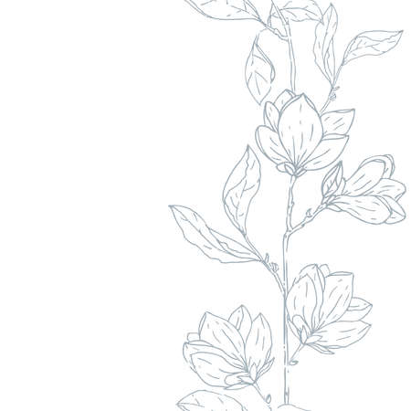 Vector Beautiful Delicate Magnolia Florals Lineart Border seamless pattern background. Perfect for fabric, scrapbooking and wallpaper projects.のイラスト素材