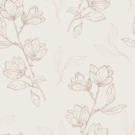 Vector Beautiful Delicate Magnolia Floral Branches in Warm Shades seamless pattern background. Perfect for fabric, scrapbooking and wallpaper projects.のイラスト素材