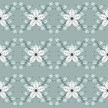 Vector Cute Folklore art inspired Festive Florals on Gray Green seamless pattern background. Perfect for fabric, scrapbooking and wallpaper projects.のイラスト素材