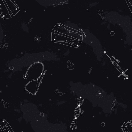 Vector Medicine and Science Constellation seamless pattern background. Perfect for fabric, scrapbooking and wallpaper projects.のイラスト素材