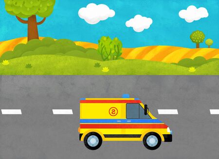 cartoon scene with ambulance truck in the country on the street illustration for childrenの写真素材