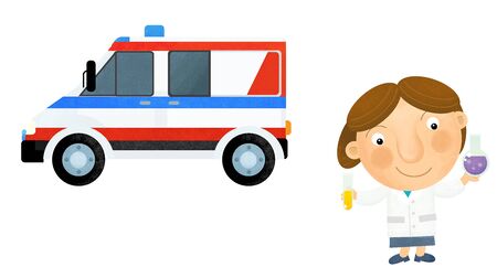 cartoon scene with girl doctor showing ambulance car on white background illustration for childrenの写真素材