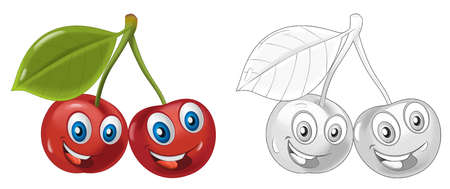 cartoon sketch scene fruit smiling and looking cherry illustration for children
