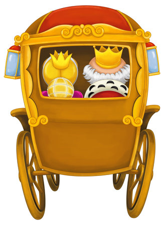 Cartoon horse carriage with a king and a crown on a white backgroundの写真素材