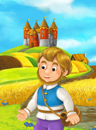Cartoon scene with farmer working in the field standing near the castle illustration for kidsの写真素材