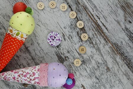 Handmade ice creams in a wood backgroundの写真素材