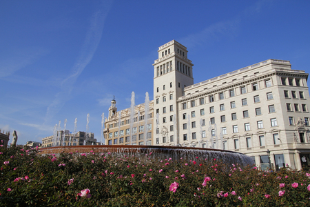 BARCELONA, SPAIN - DECEMBER 28, 2015: Fountain with water jets in Placa Catalunya, in the center of the city of Barcelona, on December 28, 2015のeditorial素材