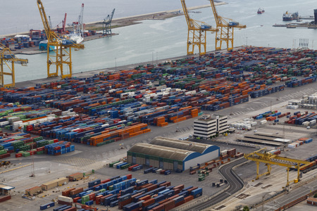 BARCELONA, SPAIN - SEPTEMBER 25, 2016: Aerial view of the port of Barcelona, with commercial...