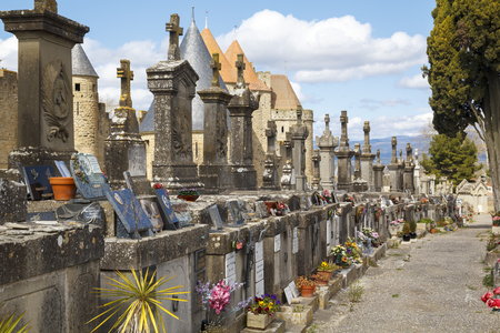 CARCASSONNE, FRANCE: MARCH 29, 2018: The Cemetery of the City in Carcassonne, next to Narbonnaise door in a medieval fortress in the french department of Audeのeditorial素材