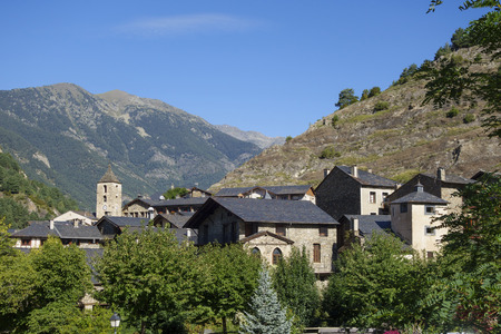 Stone houses and church in Ordino, Andorraのeditorial素材