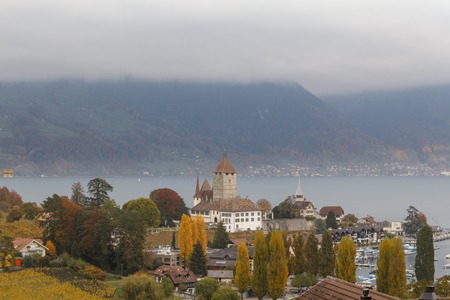 Spiez castle on the shore of Lake Thun in the Bernese Oberland region of the Swiss canton of Bern, Switzerlandのeditorial素材