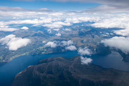 Aerial view of fjords in Norway, from an airplaneの写真素材