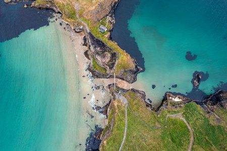 Aerial View over beautiful clear water in Antrim, Northern Irelandの写真素材