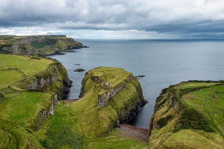 Aerial View Over Stunning, Rocky Coastline, County Antrim, Northern Ireland United Kingdom