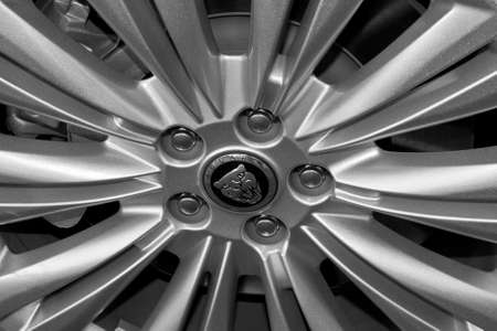 Detail of the wheel of a Jaguar car.