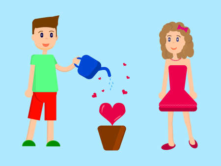 Flat vector illustration, boy and girl are watering love in the flowerpot.のイラスト素材