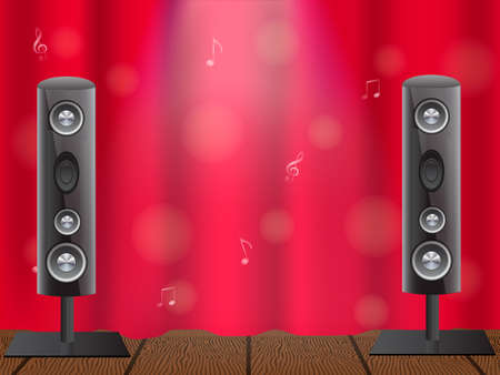 Vector illustration of a concept of karaoke, concert or festival. Musical column on stage and closed curtain.のイラスト素材