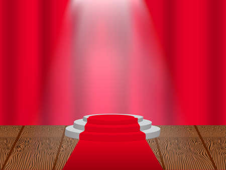 Podium on the stage with ray of light and closed red curtain. Vector illustration.のイラスト素材
