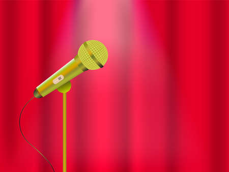 Vector illustration of a concept of karaoke, concert or festival. Microphone on stage and closed curtain.のイラスト素材