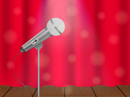 Vector illustration of a concept of karaoke, concert or festival. Microphone on stage and closed curtain.のイラスト素材