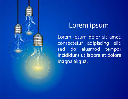 Three electric bulbs on blue background. One light is on. Idea concept. Space for text. Vector illustrationのイラスト素材