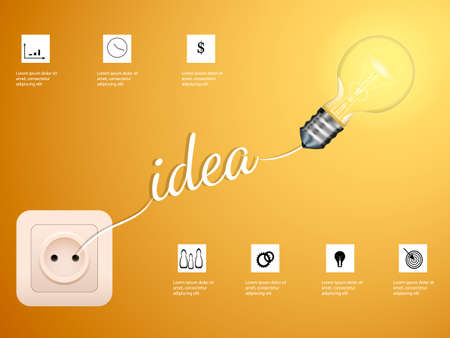 Electric bulb and switch on orange background. Idea concept. Vector infographic illustrationのイラスト素材