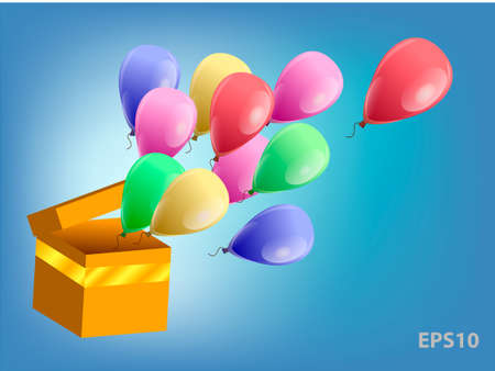 Colorful ballons from gift box on a sky background. Vector illustrationのイラスト素材