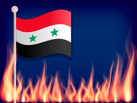 Flag of Syria on the flagstaff. Flames from below. Vector illustrationのイラスト素材