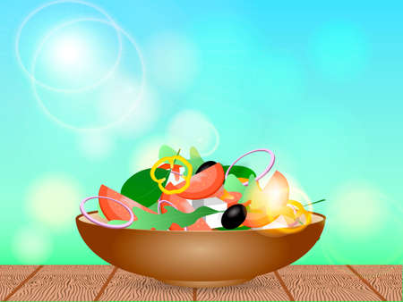 Brown bowl full of vegetarian salad with rucola, black olives, pepper, tomato and cheese. Vector illustrationのイラスト素材