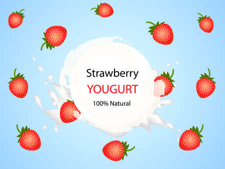 Packing for strawberry yogurt on blue background. Vector illustrationのイラスト素材
