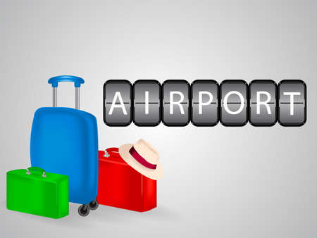 Three colorful suitcases with inscription airport in the form of a scoreboard. Vector illustrationのイラスト素材