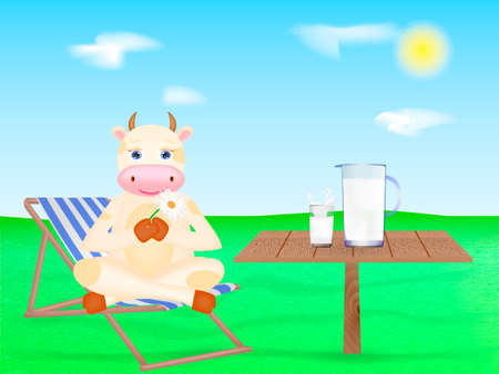 Happy cartoon cow sitting on the chaise-longue. Wooden table with Milk. Vector illustrationのイラスト素材