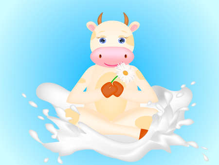 Cute cartoon cow in the lotus position in the milk splash. Vector illustration.のイラスト素材