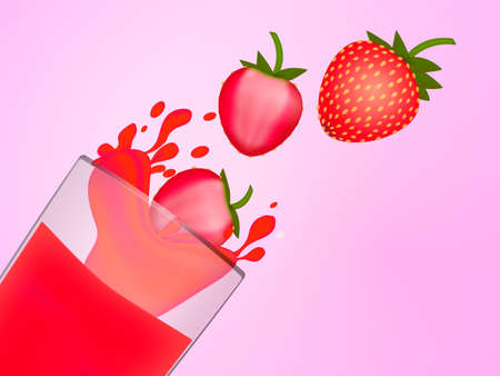 A lot of strawberries in the splash of juice in glassful. Strawberry smoothies. Vector illustration.のイラスト素材