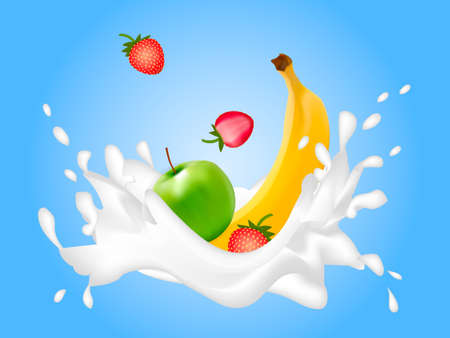 A lot of strawberries, banana and apple in the milk splash. Fruity yogurt. Vector illustration.のイラスト素材