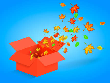 Open red box with autumn leaves. Surprise concept. Vector illustrationのイラスト素材