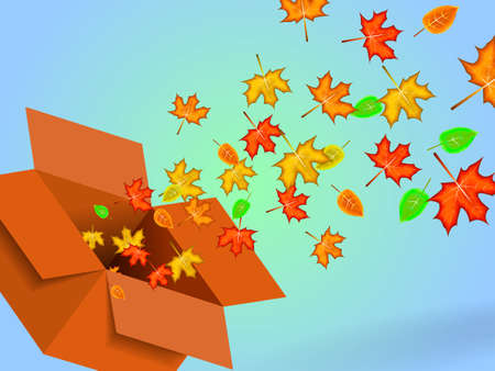 Open red box with autumn leaves. Surprise concept. Vector illustrationのイラスト素材