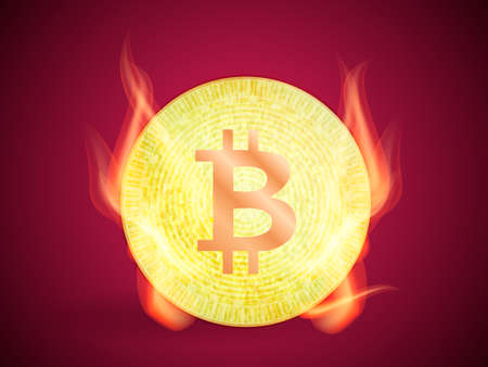 Bitcoin in flames. Vector illustration.のイラスト素材