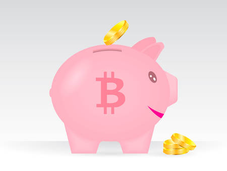 Pink piggy bank with golden bitcoins on a grey background. Vector illustration.のイラスト素材