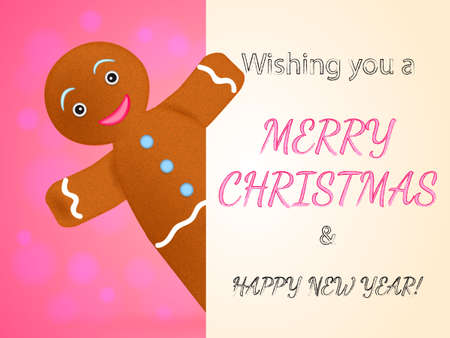 Cartoon gingerbread man looks out of a sheet of paper. Inscription Wishing you a Merry Christmas and...