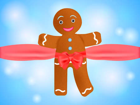 Cartoon gingerbread man knotted by red bow. Vector illustrationのイラスト素材