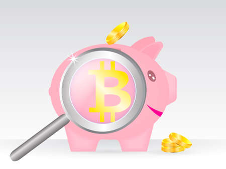 Pink piggy bank with golden coins with magnifying glass. Vector illustration.のイラスト素材