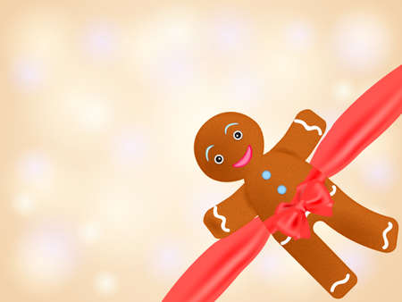 Cartoon gingerbread man knotted by red bow in the corner. Vector illustration