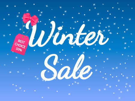 Inscription Winter sale on a snowy background with pink label. Vector illustrationのイラスト素材