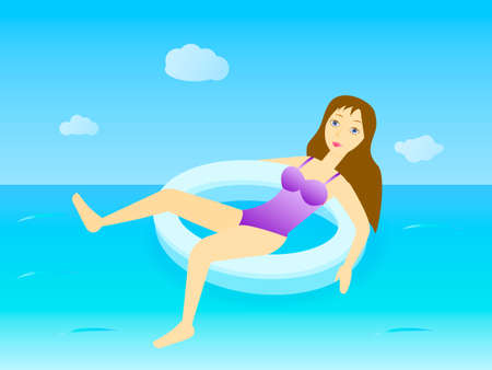 Young woman in purple swimsuit bathes on an inflatable circle in the seaのイラスト素材