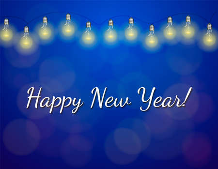A lot of electric bulbs on blue background. Inscription Happy New Year. Vector illustrationのイラスト素材