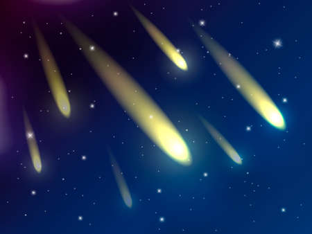Meteor Rain. The fall of the comets at the night sky. Vector illustrationのイラスト素材