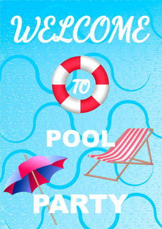 Vertical invitation on pool party with water and Lifebuoy. Vector illustrationのイラスト素材