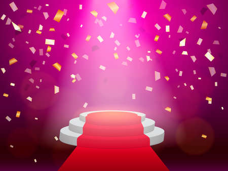 Three-story podium with red carpet illuminated with rays of light. Falling Confetti. Vector illustration.のイラスト素材
